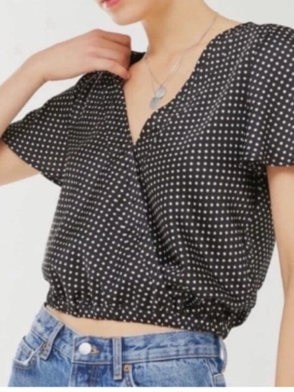 Urban Outfitters Polka Dot Faux Wrap Blouse Women's Small Cropped Surplice- XS